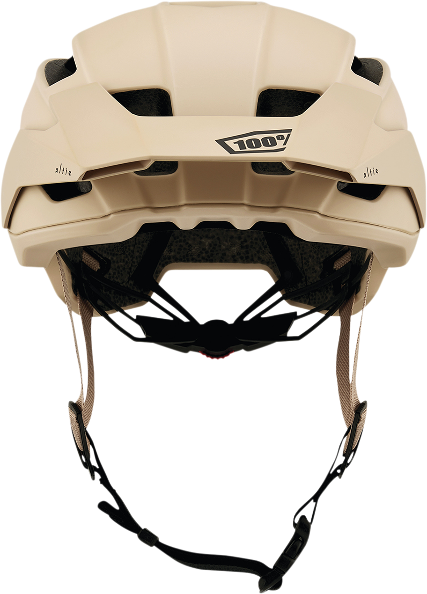 Bill's Exhausts 100% Altis bicycle helmet in tan, size S/M, with C/E safety certification, shown from the front.
