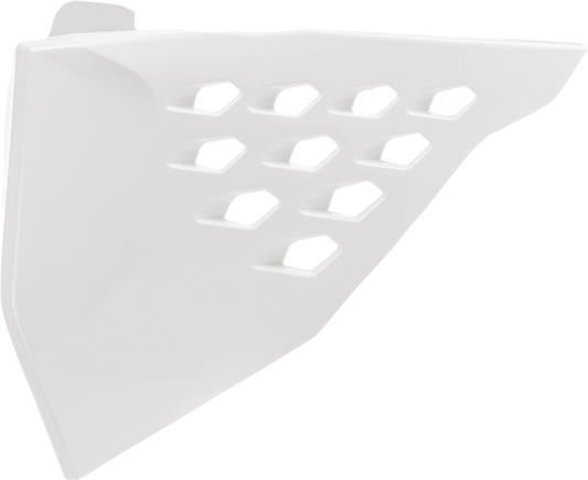 White Acerbis Airbox Cover with vents, designed for motorcycle air intake protection and airflow enhancement.