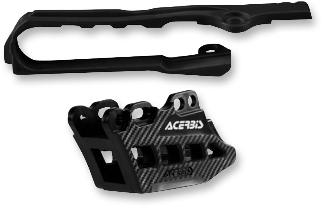 Acerbis Chain Guide 2.0 and Slider Kit for Suzuki RMZ250 and RMZ450 in black, shown installed on motorcycle frame.