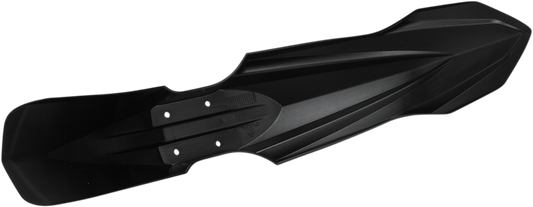 Acerbis black front fender motorcycle body part, designed for off-road bikes, featuring a sleek black finish with mounting points.