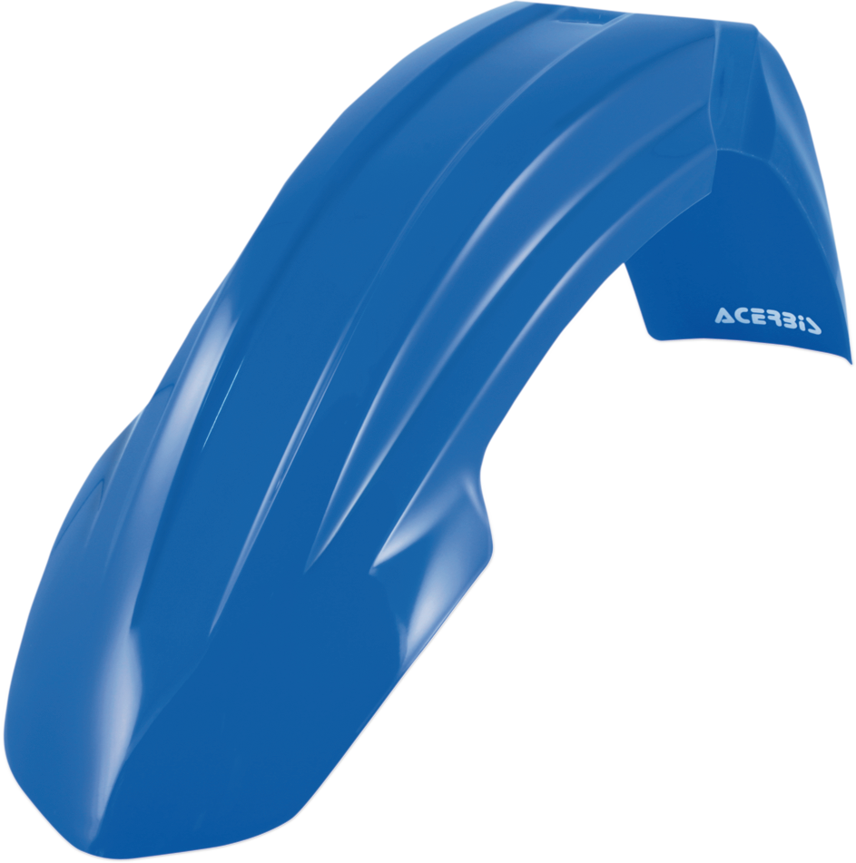 Blue Acerbis front fender for motorcycle, body part, with mounting points and aerodynamic design, shown in a close-up image.