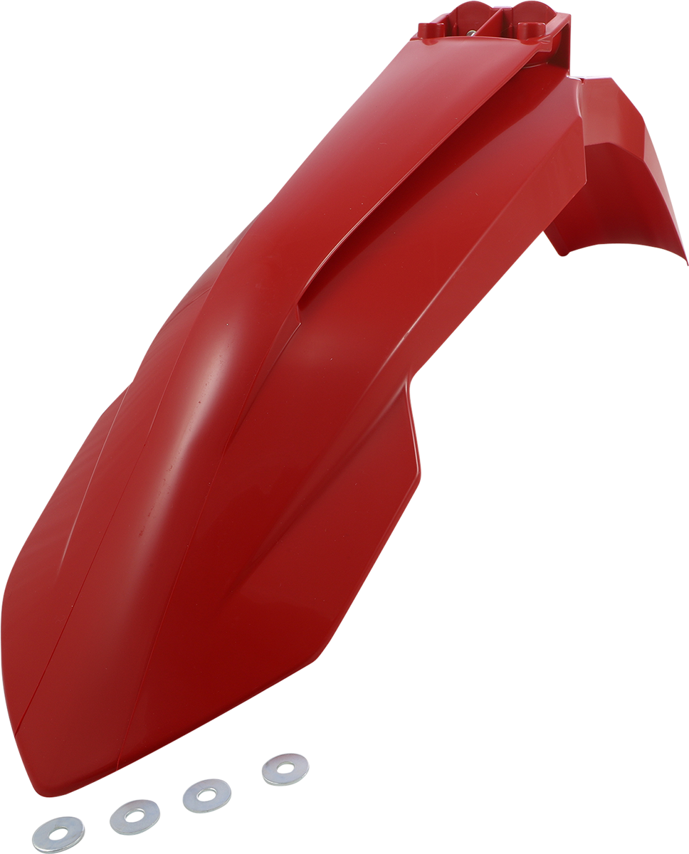 Red Acerbis front fender for motorcycle, showcasing sleek body design and vibrant color, ideal for off-road or street bikes.