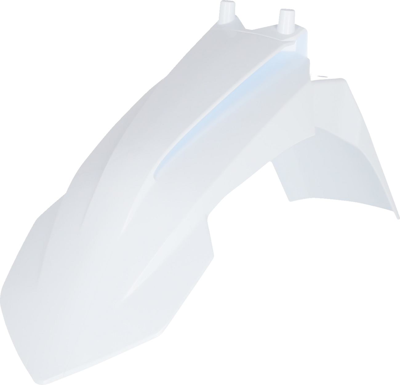 Acerbis white front fender motorcycle body part, designed for off-road bikes, with smooth curved shape and mounting points.