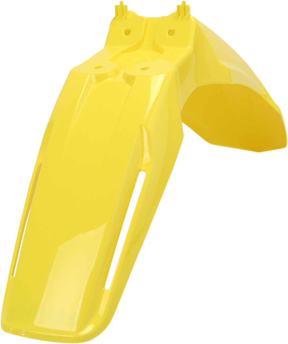 A yellow Acerbis front fender for motorcycle, designed as a durable body part with mounting points, on a plain background.