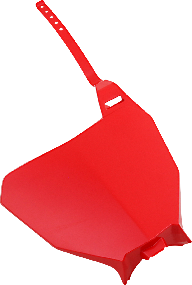 Acerbis front number plate for 2000 CR motorcycle, red body, mounted on bike with bill's exhausts branding visible.