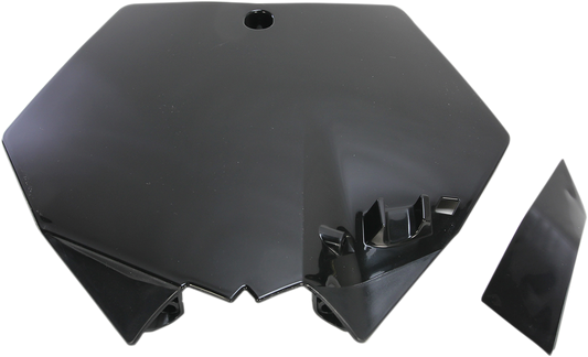 Black Acerbis front number plate for motorcycle, mounted on body, with sleek design and branding details.