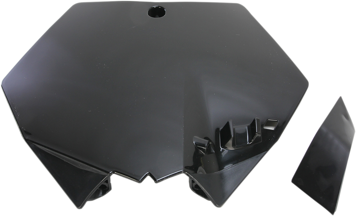 Black Acerbis front number plate for motorcycle, mounted on body, with sleek design and branding details.