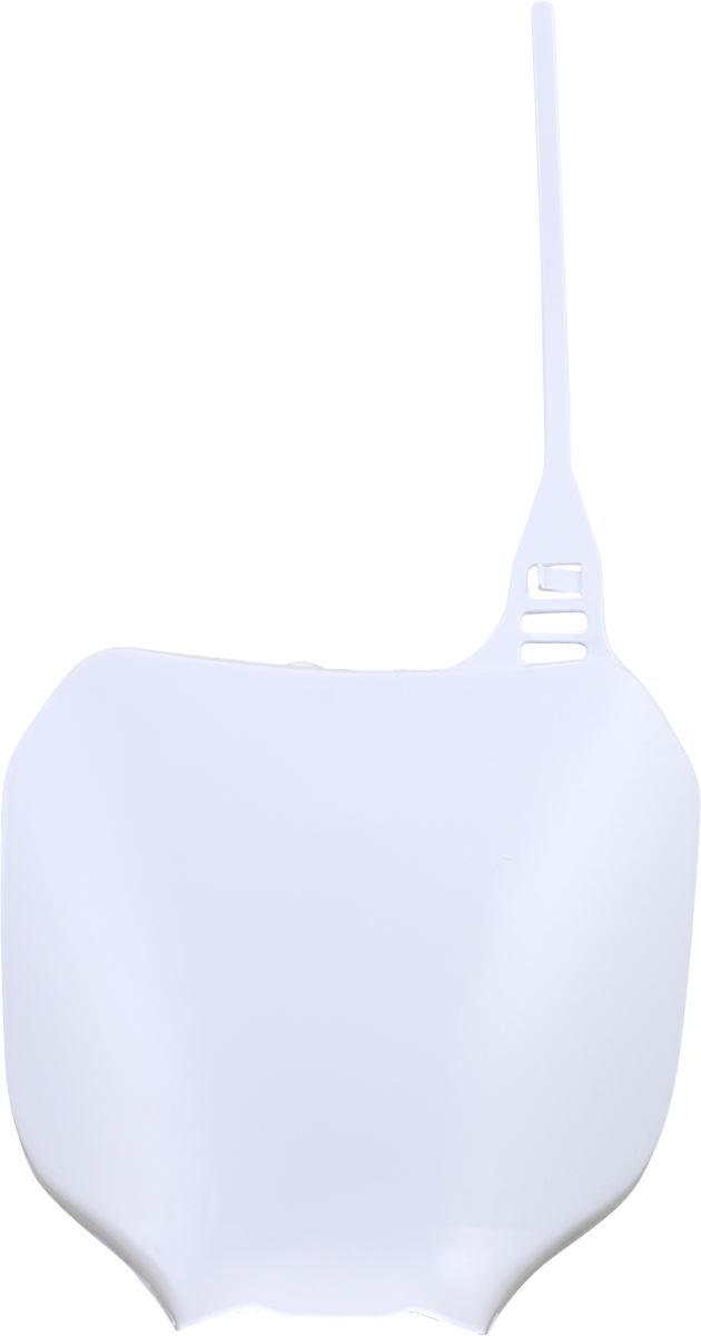 Acerbis white front number plate mounted on a motorcycle, showcasing clean design and branding, with mounting hardware visible.