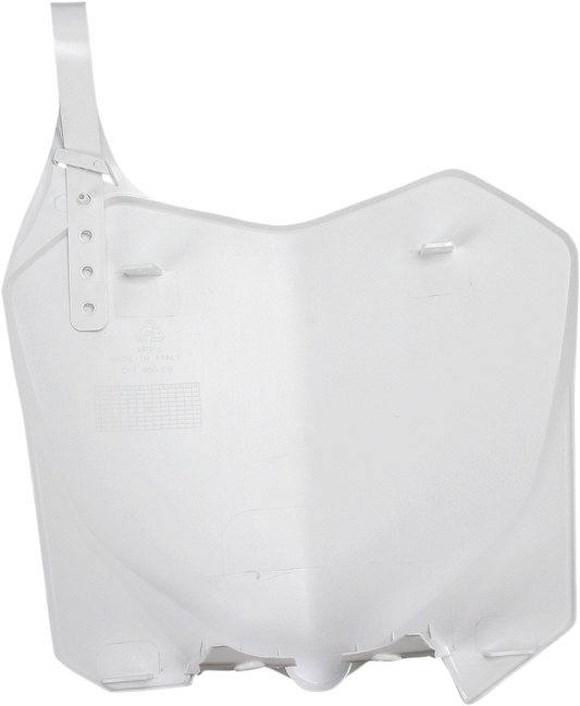 White Acerbis front number plate for motorcycles, featuring a sleek body design and clean branding details.