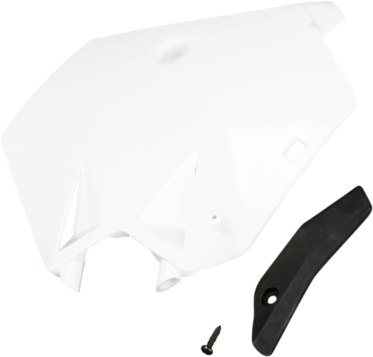 Acerbis front number plate in white for motorcycle, mounted on bike body, with brand details visible.