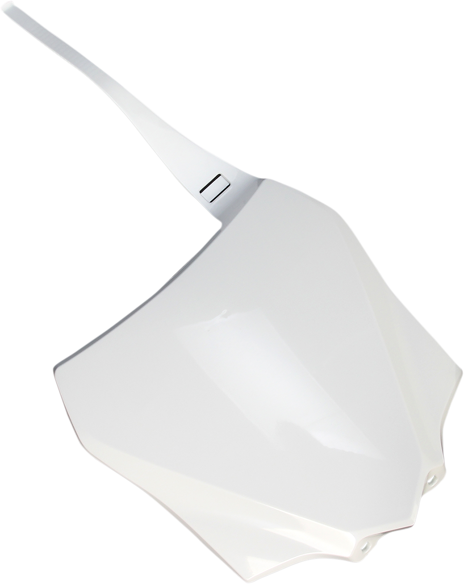 Acerbis white front number plate for motorcycles, mounted on a body with branding and mounting hardware visible.