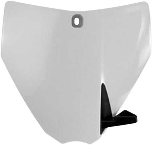 Acerbis white front number plate for motorcycle, mounted on a bike, showcasing sleek body design and branding.