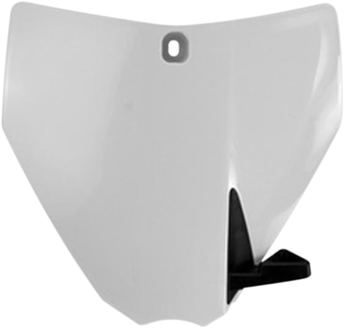 Acerbis white front number plate for motorcycle, mounted on a bike, showcasing sleek body design and branding.