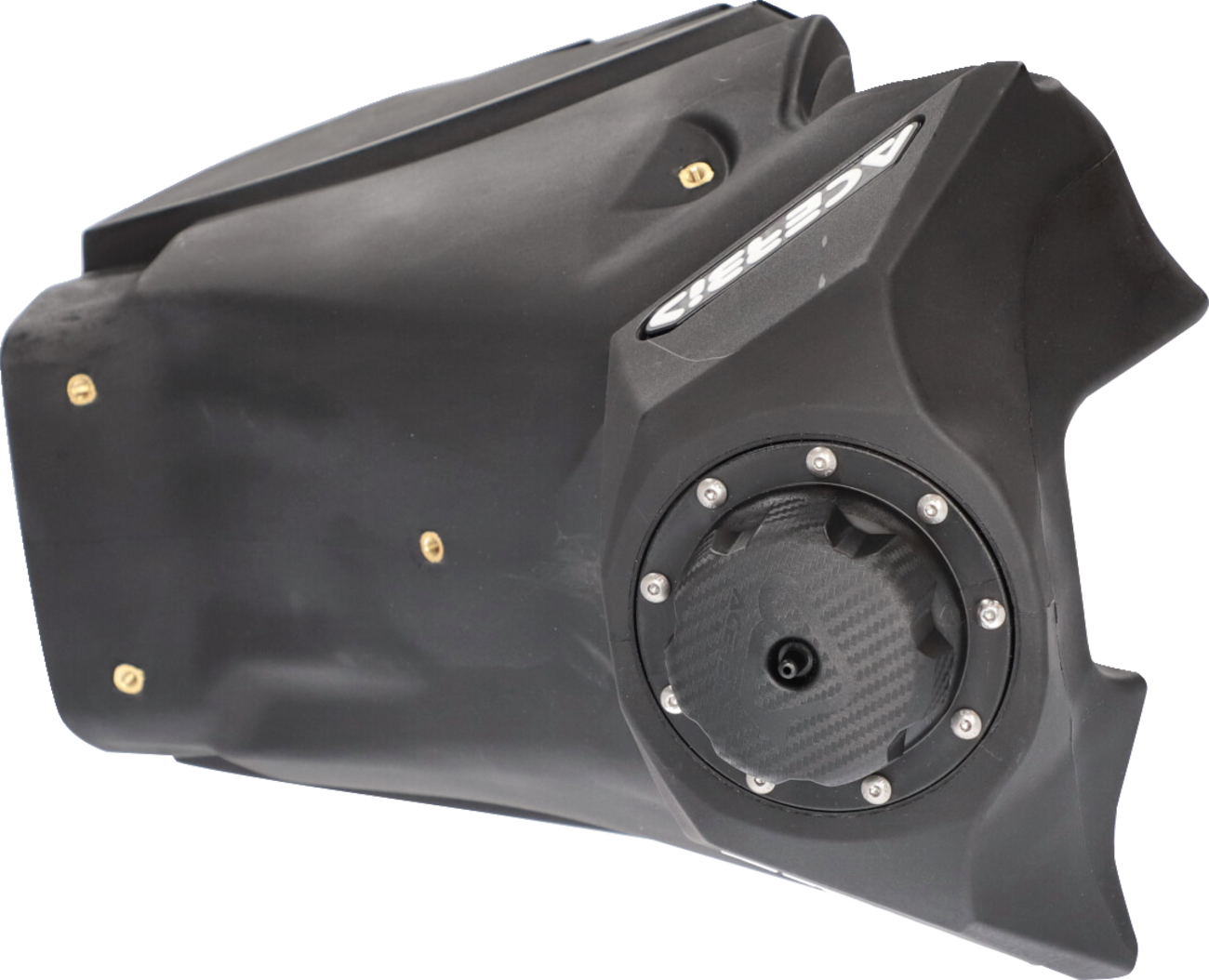 Acerbis black fuel tank for Yamaha YZ 125/250/X 2022-2023 motorcycle, viewed from the side showing branding and sleek body design.