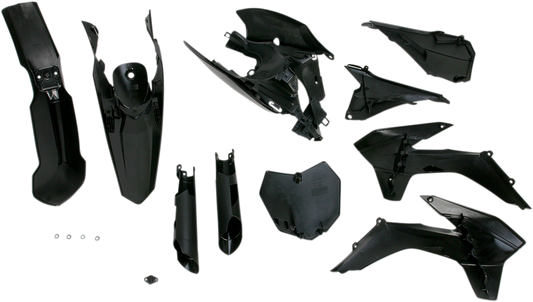 Black Acerbis full replacement body kit for motorcycle, featuring durable plastic body panels with brand-specific design.