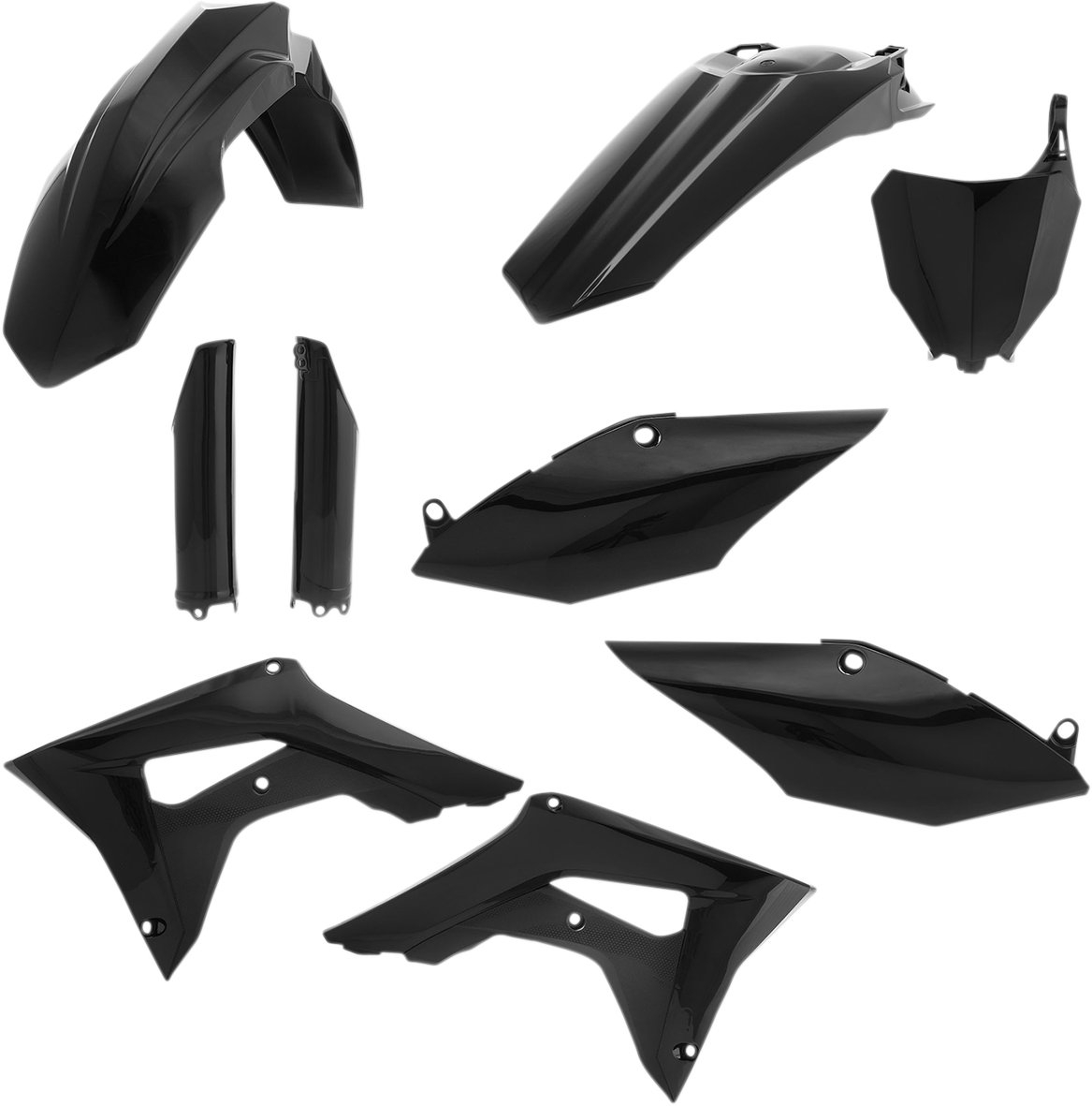 Acerbis full black replacement body kit for motorcycles, shown on white background with detailed panels and sleek design.