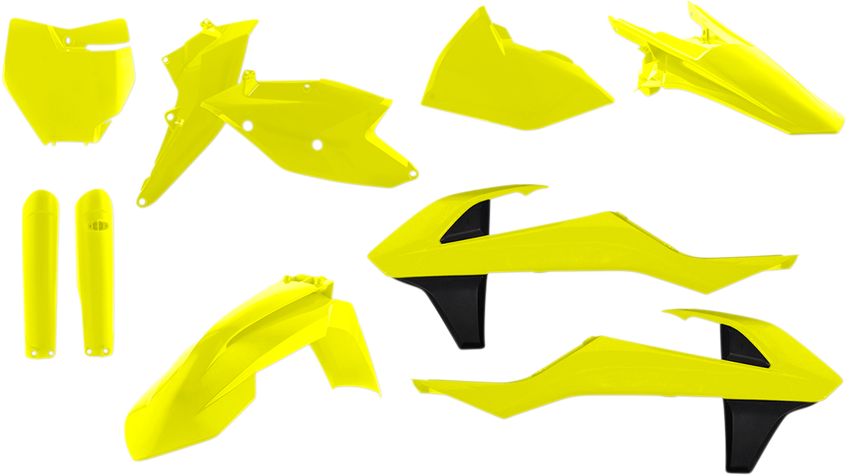 Acerbis full replacement motorcycle body kit in fluorescent yellow and black, designed for a sleek, custom look.
