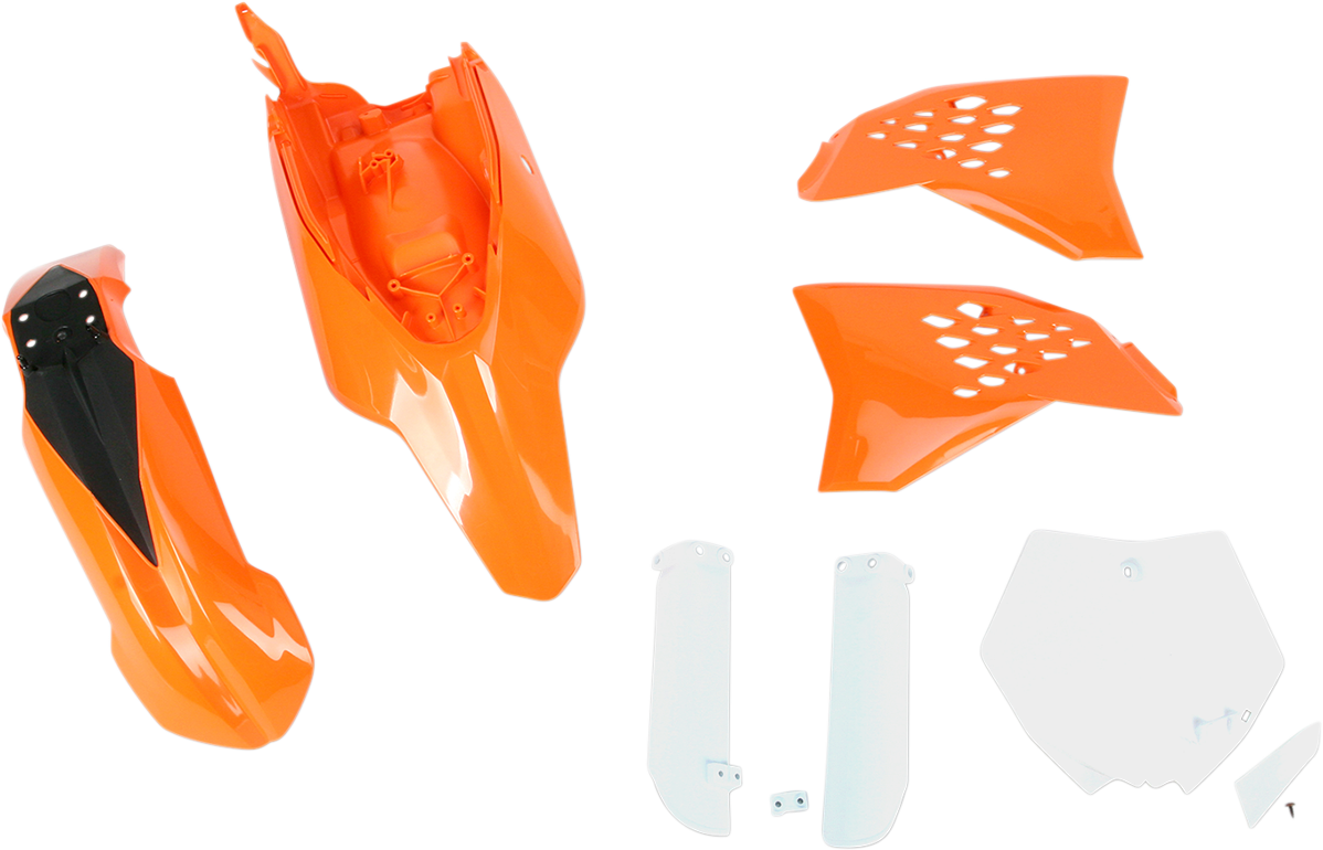 Acerbis full replacement body kit in orange, white, and black for OEM '13 motorcycle, featuring detailed body panels and design.