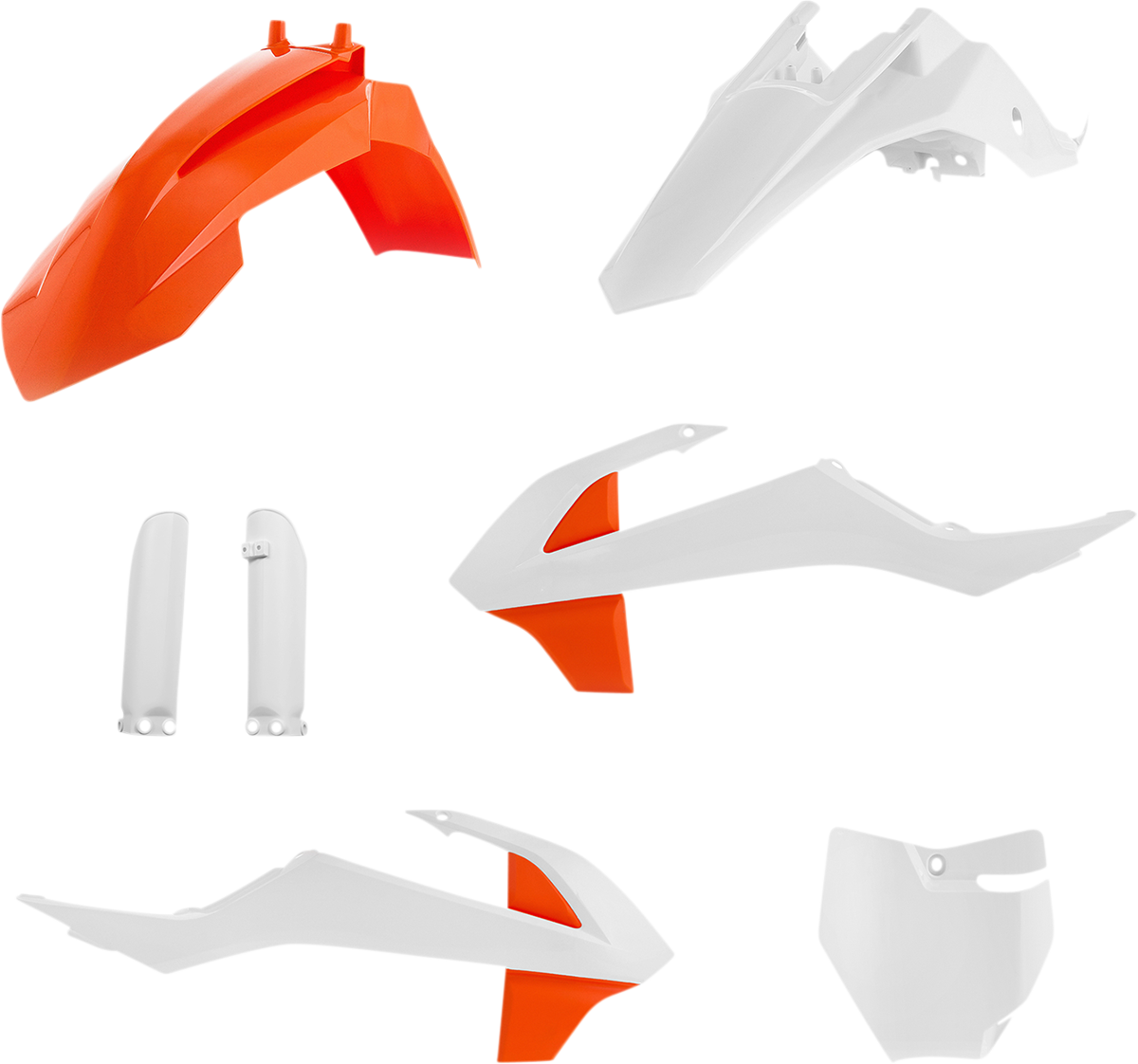 Acerbis full replacement body kit in OEM orange and white for motorcycles, displayed on a clean background.