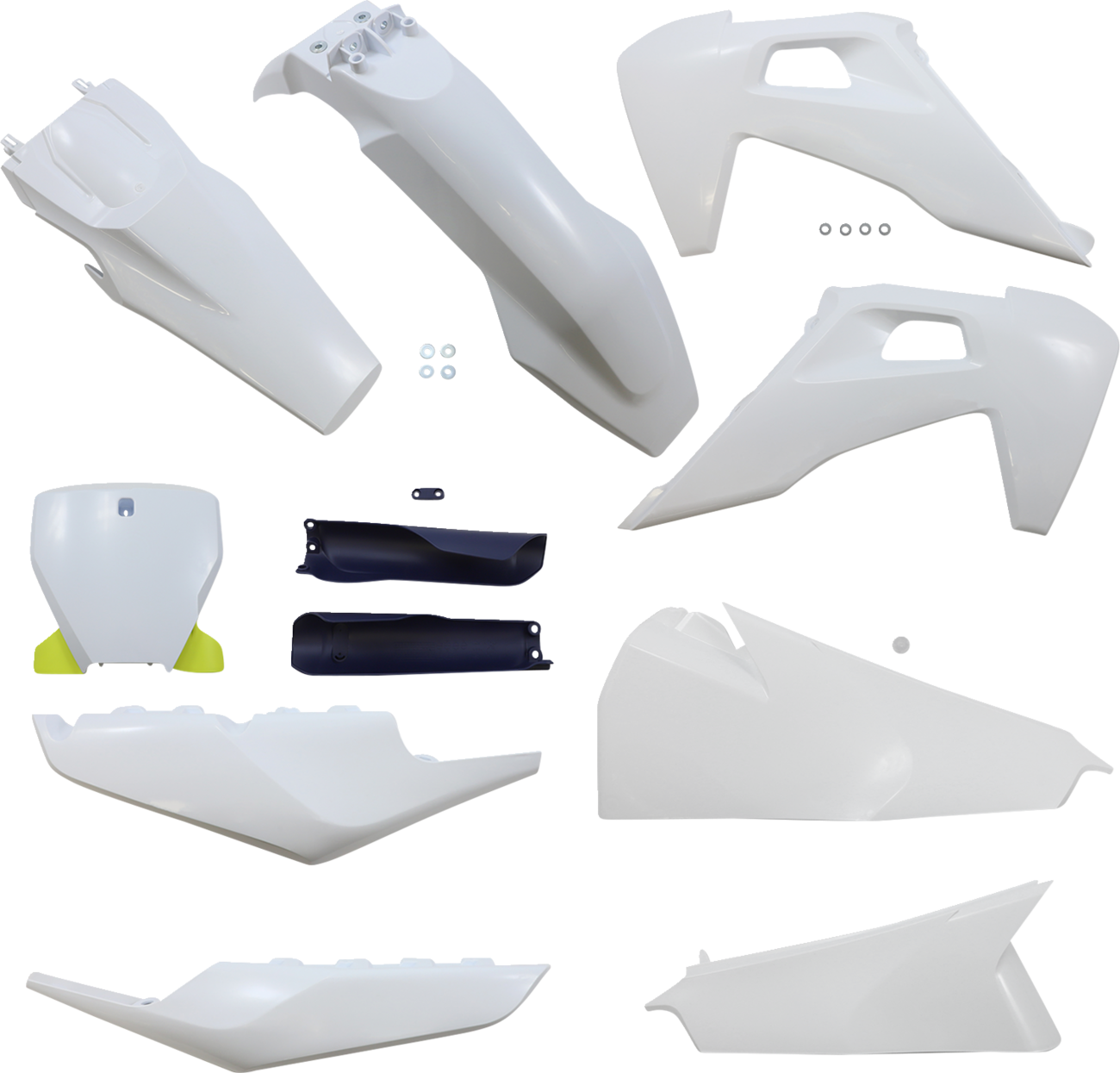 Acerbis full replacement body kit in OEM white for motorcycle, showcasing the streamlined design and fitment details.