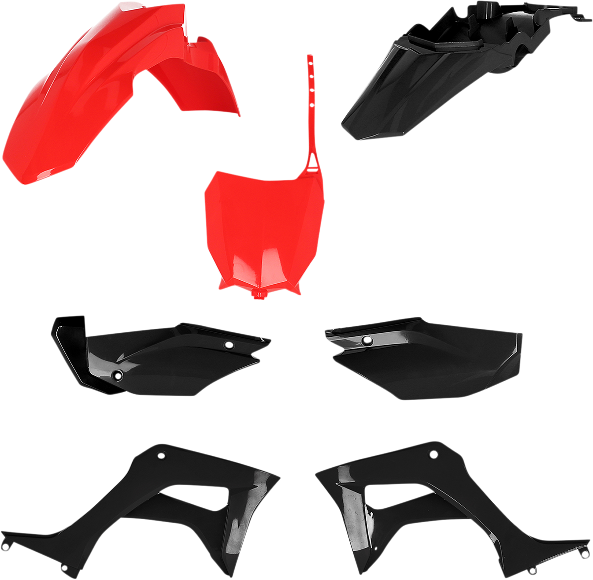 Acerbis full replacement body kit in red and black, designed for motorcycle body customization, featuring sleek panels and branding.