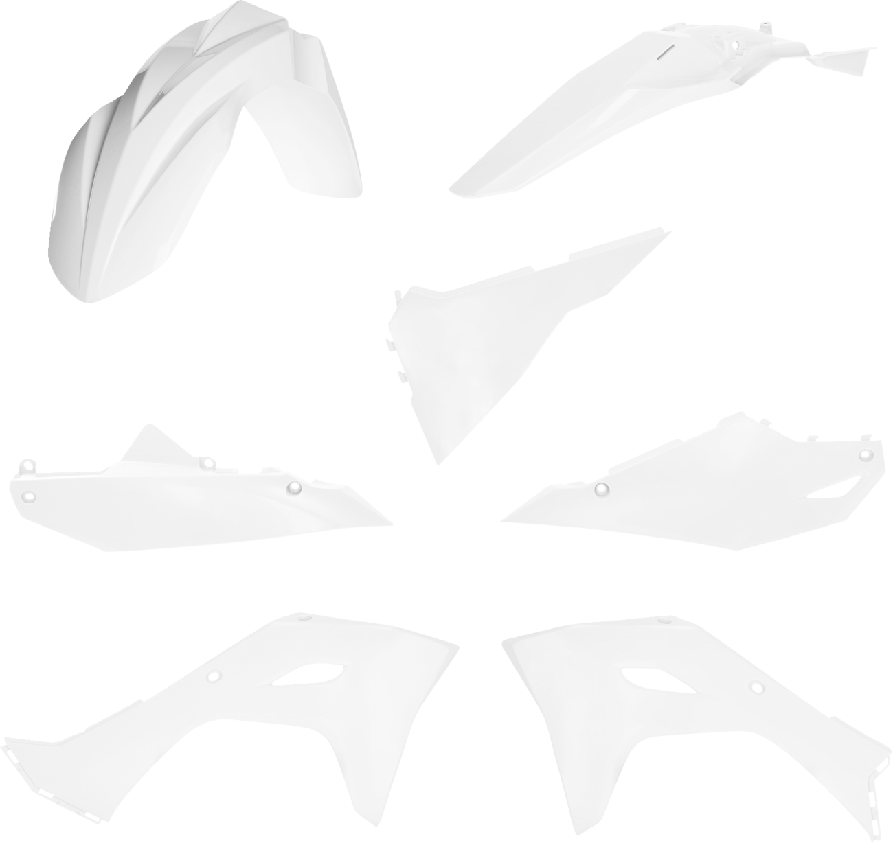 A white Acerbis full replacement body kit for motorcycles, featuring sleek panels and aerodynamic design, displayed on a plain background.