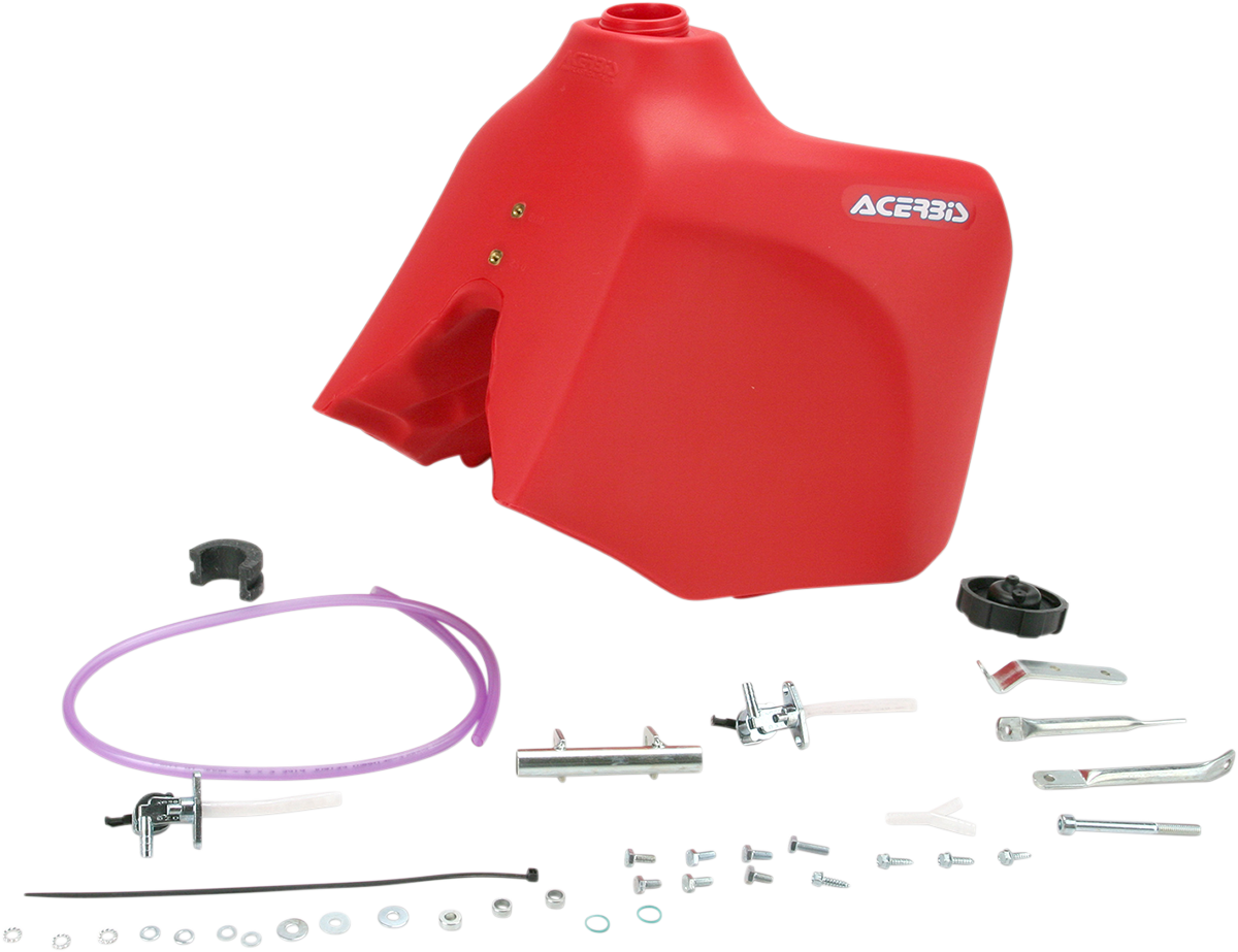 Red Acerbis gas tank for Honda motorcycles, 5.8 gallons, body style, designed for durability and fitment.