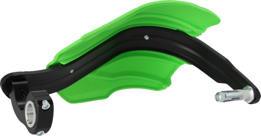 Acerbis Endurance X motorcycle handguards in green and black, mounted on handlebars for protection and style.