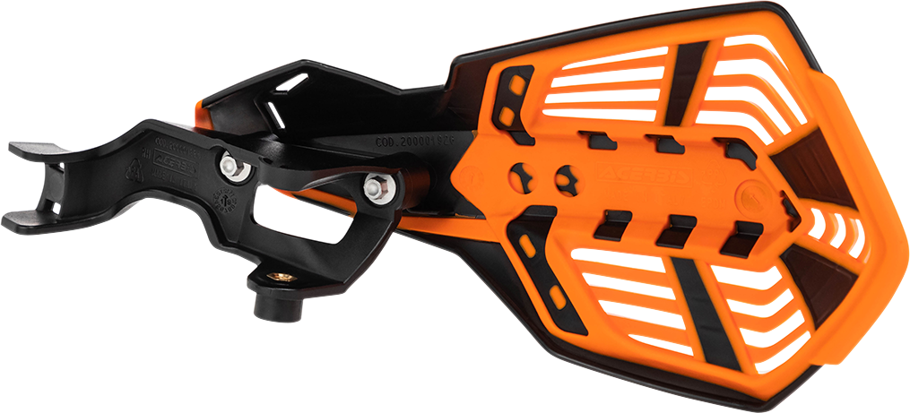Acerbis K-Future handguards in black and orange attached to a motorcycle handlebar for protection.