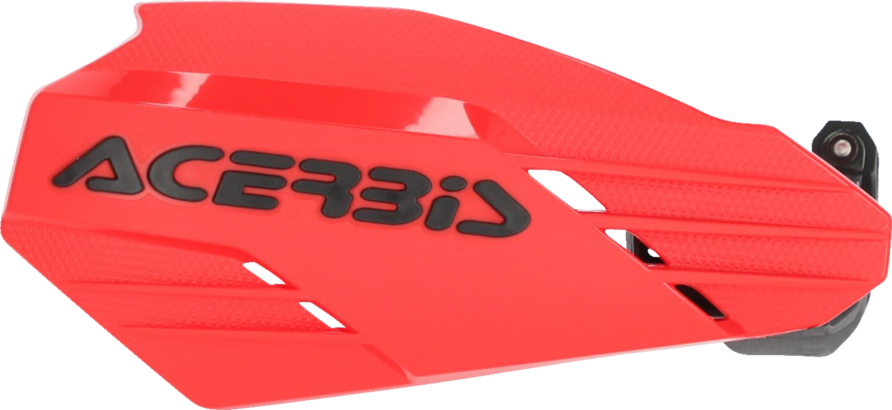 Red and black Acerbis K-Linear handguards for motorcycle protection, shown mounted on bike handlebars.