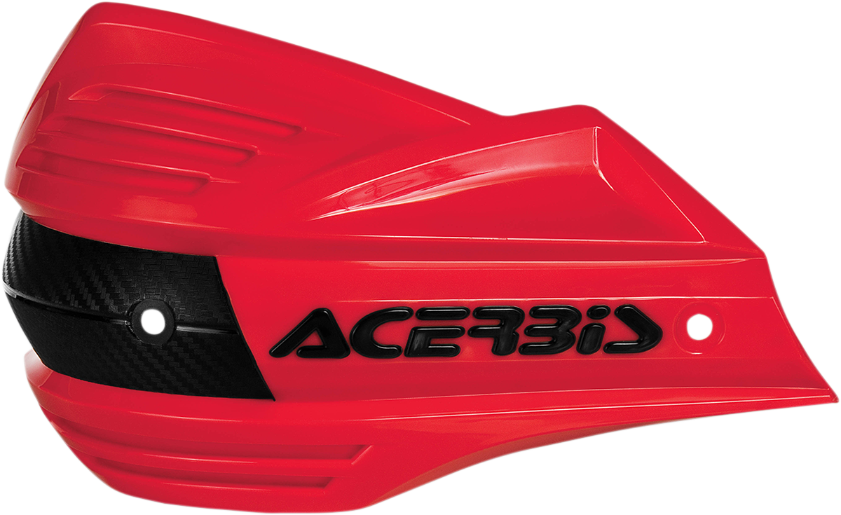 Acerbis X-Factor red handguards for motorcycle handlebars, featuring durable plastic protection with brand logo details.