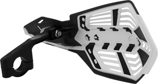 Acerbis X-Future black and white motocross handguards mounted on a bike handlebar, providing protection for rider's hands.