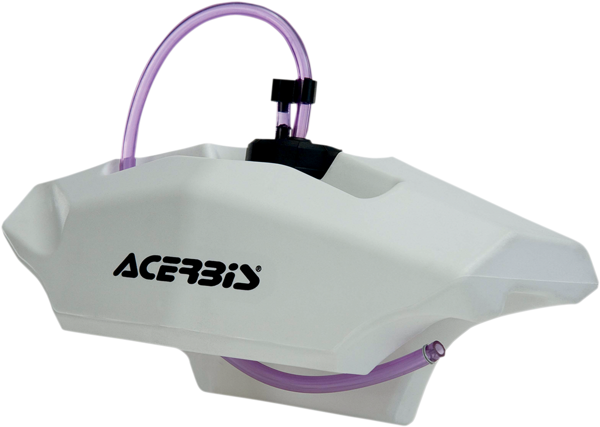 Acerbis handlebar auxiliary gas tank, 0.6 gallon capacity, mounted on a motorcycle handlebar, designed for added fuel storage.