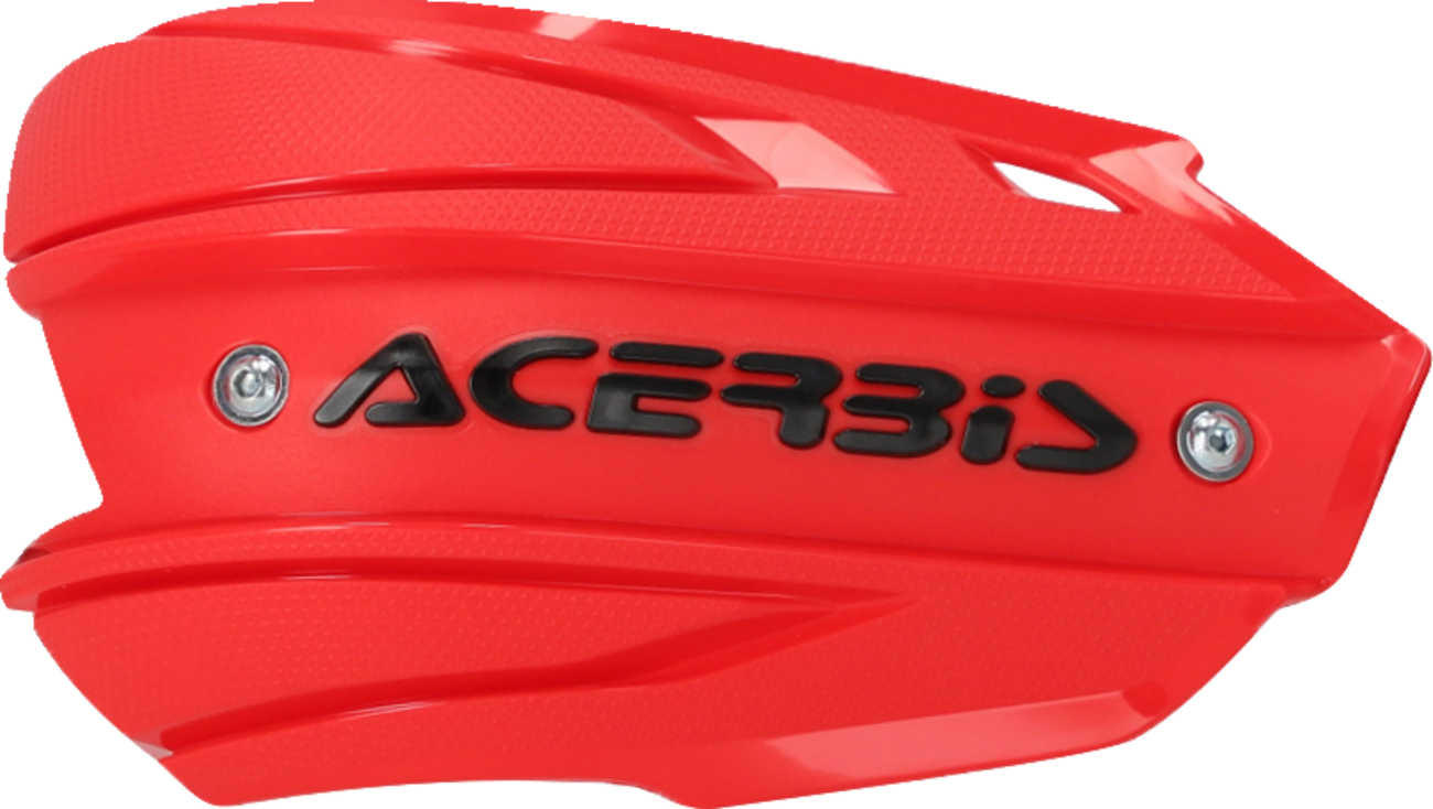 Acerbis Endurance X handshields in red and black mounted on motorcycle handlebars, designed for rider protection and durability.
