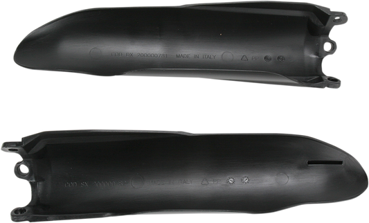 Black Acerbis lower fork covers for motorcycle, designed by Bill's Exhausts, shown on the body of the bike.