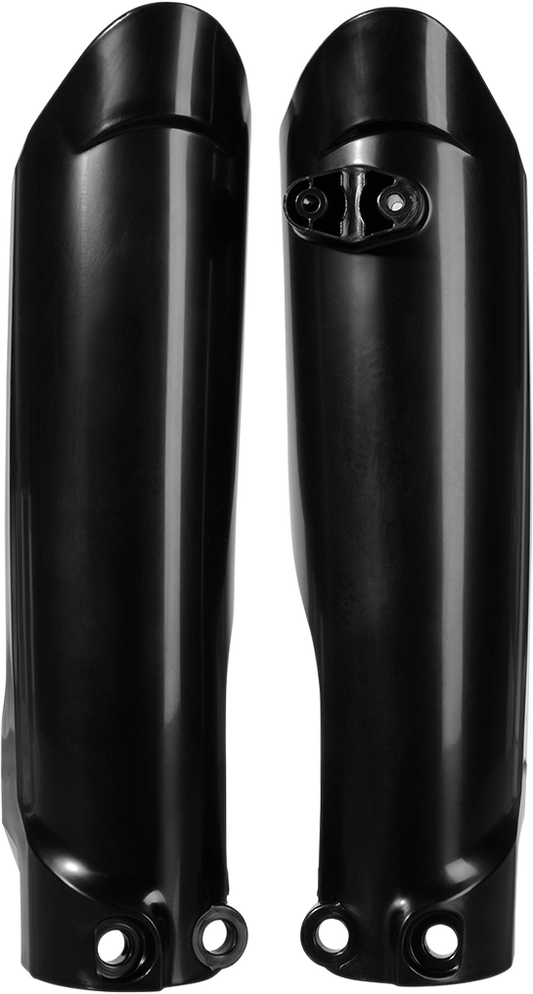Acerbis black lower fork covers for inverted motorcycle forks, designed for durability and protection, shown on a bike.