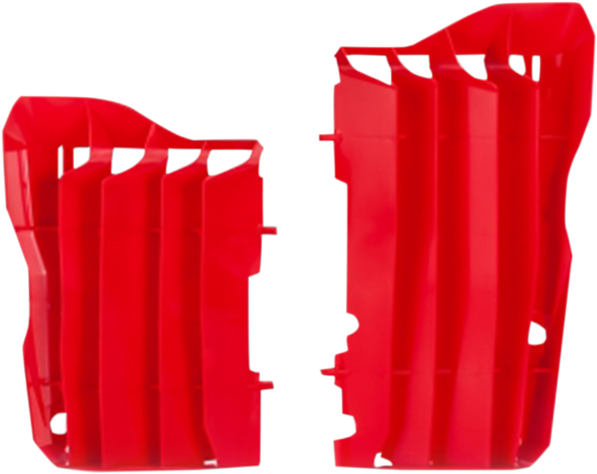 Red Acerbis radiator louvers for CRF 450 motorcycle, designed as body protective parts with brand labeling.