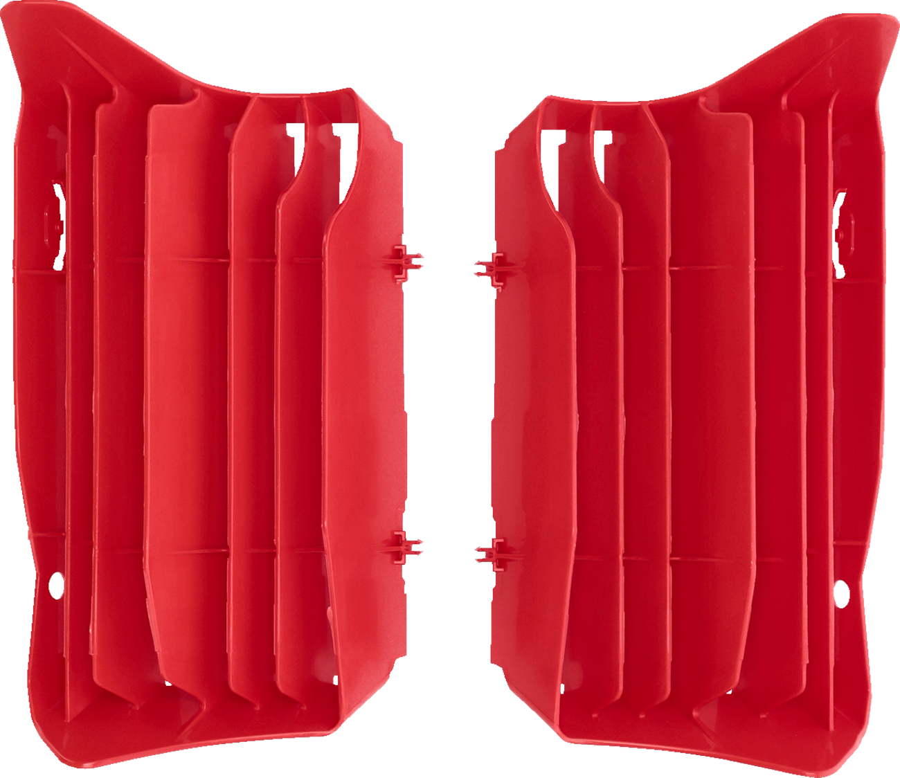 Red ACERBIS radiator louvers for Honda motorcycle, body part designed to improve cooling and protect the radiator.