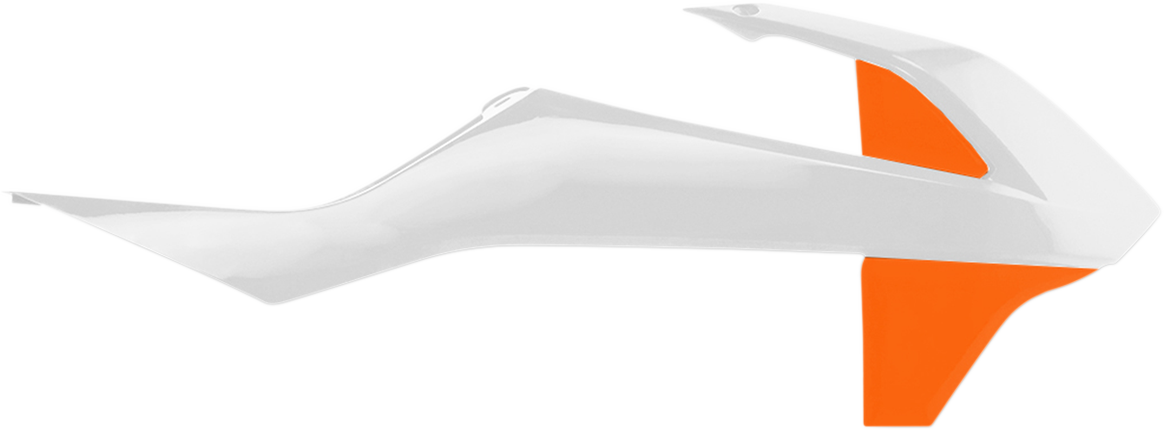 Acerbis radiator shrouds for 2019 OE white and 2016 orange models, motorcycle body parts with colorful design.