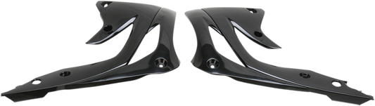 Black ACERBIS radiator shrouds for motorcycle body, designed for durability and style, by Bill's Exhausts.