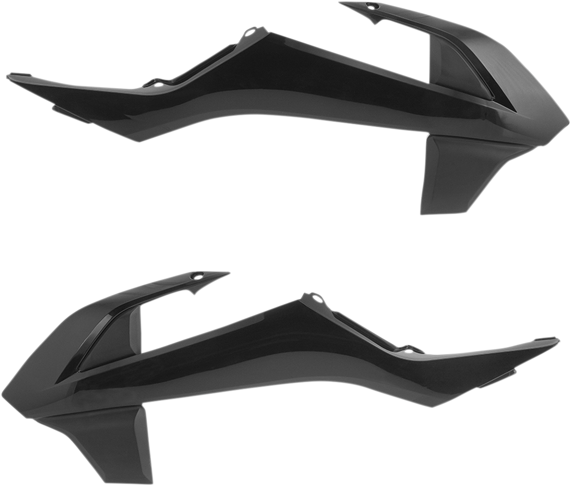 Black ACERBIS radiator shrouds for motorcycle body, designed for durability and style, shown in the image.