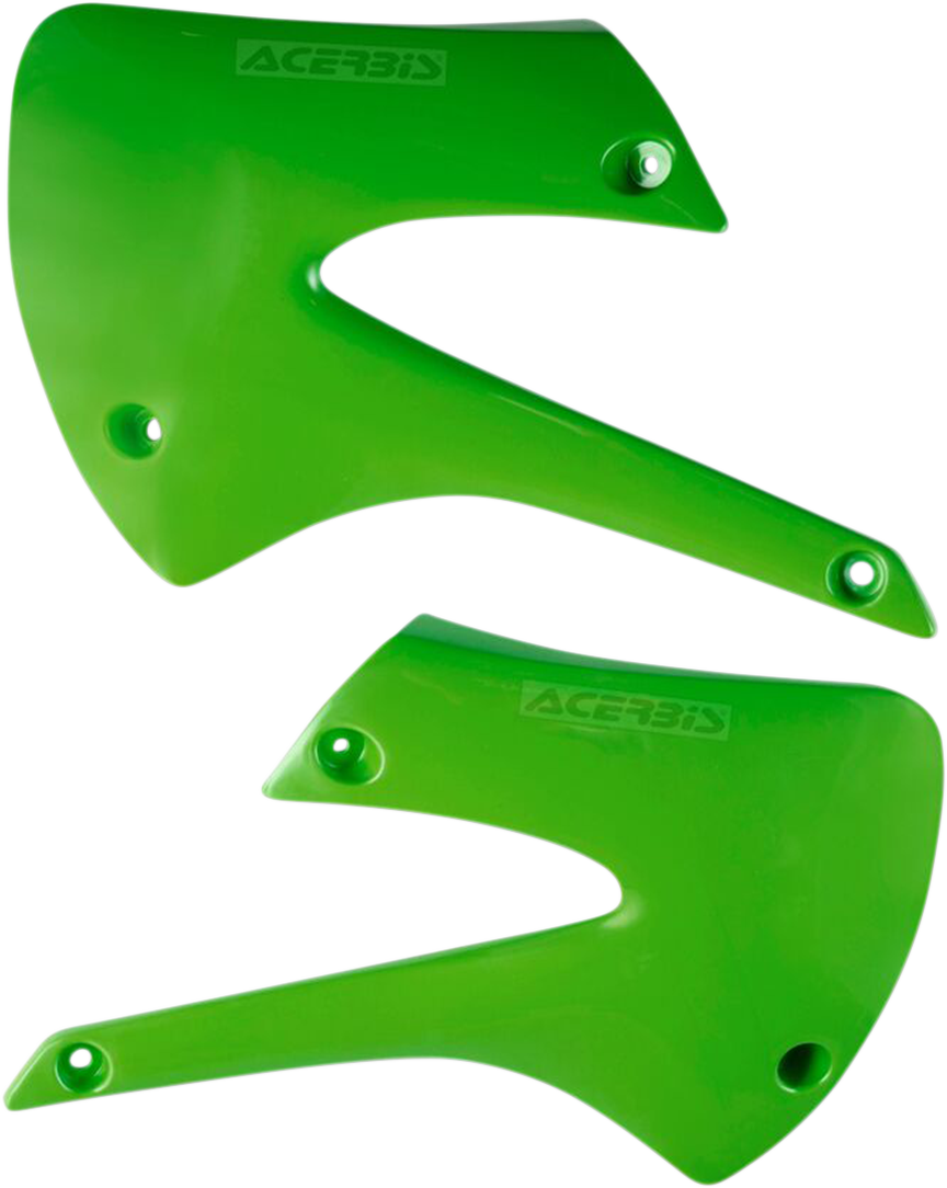 Green ACERBIS radiator shrouds for motorcycle body protection, designed by Bill's Exhausts.