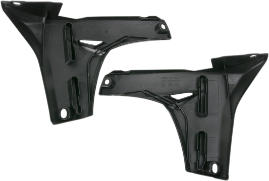 Black ACERBIS radiator shrouds for lower body, designed for motorcycle cooling system, with durable plastic construction.