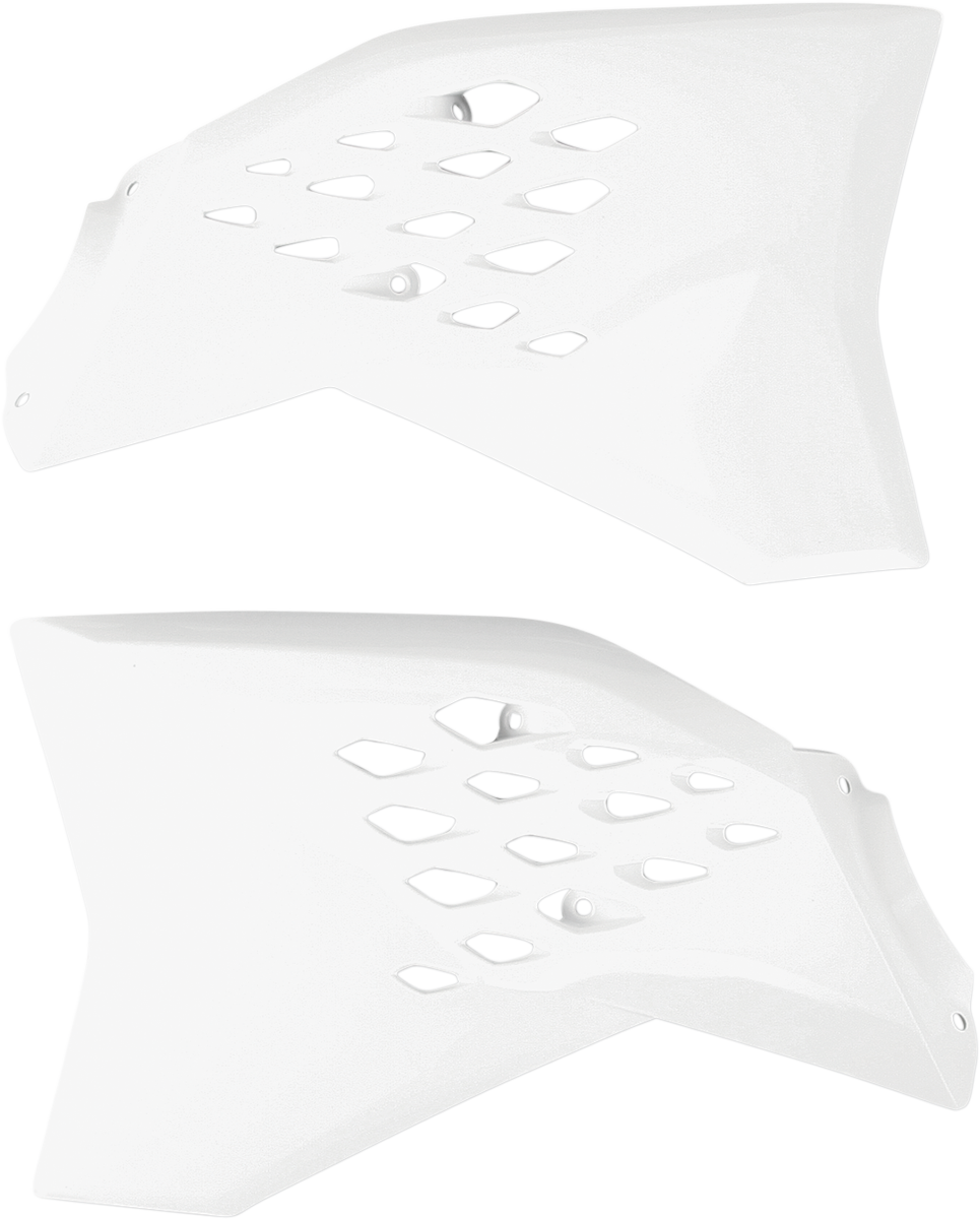White Acerbis radiator shrouds for motorcycle body protection, designed for compatibility with specific models.