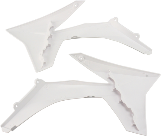 White ACERBIS radiator shrouds for motorcycle, designed for body protection and style, with brand details visible in the image.