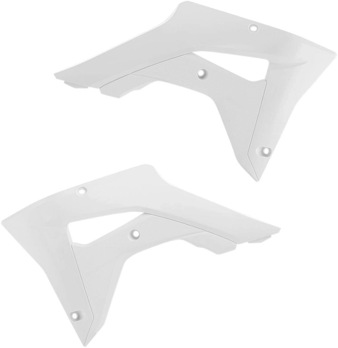 White Acerbis radiator shrouds for motorcycle body protection, designed for durability and style by Bill's Exhausts.