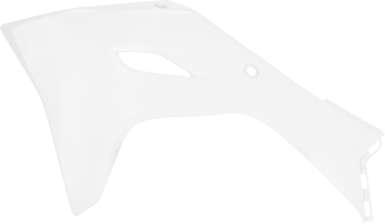 White Acerbis radiator shrouds for motorcycle, featuring a sleek body design, installed on a bike with visible mounting points.