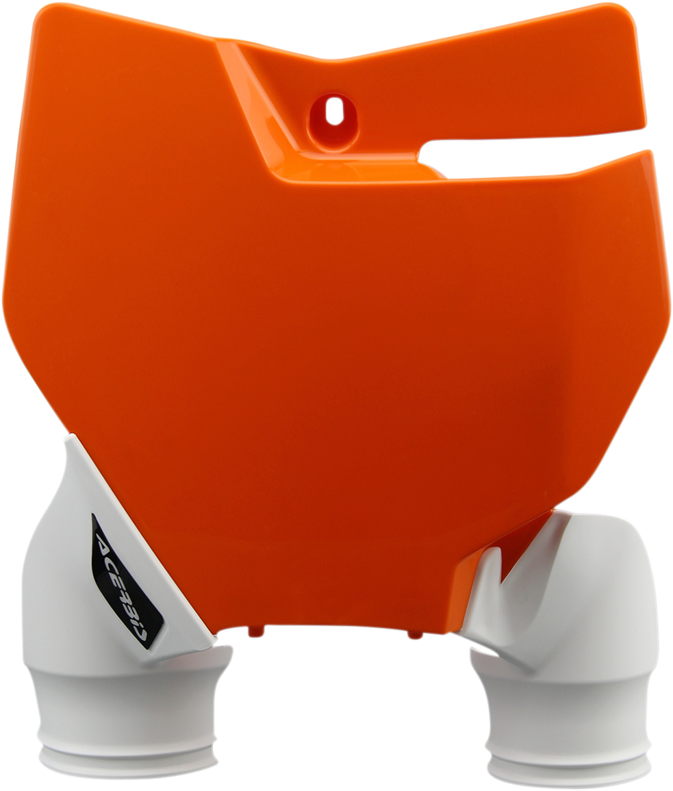 Acerbis Raptor number plate in orange and white mounted on a motorcycle body, designed for off-road or dirt bikes.