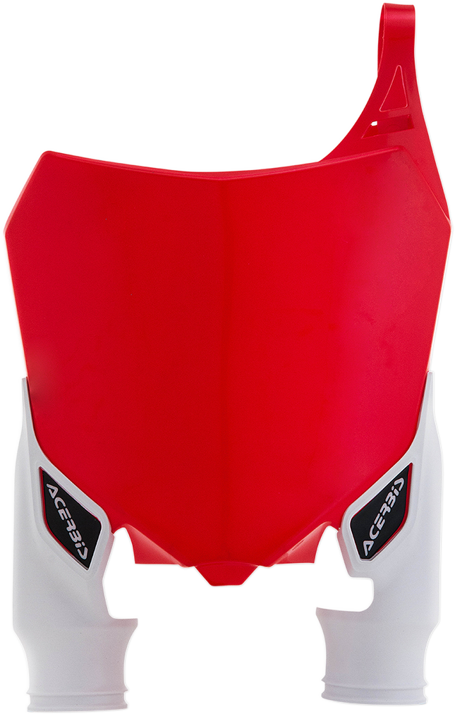 Acerbis Raptor number plate in red and white, motorcycle body accessory with bold design, displayed on a neutral background.