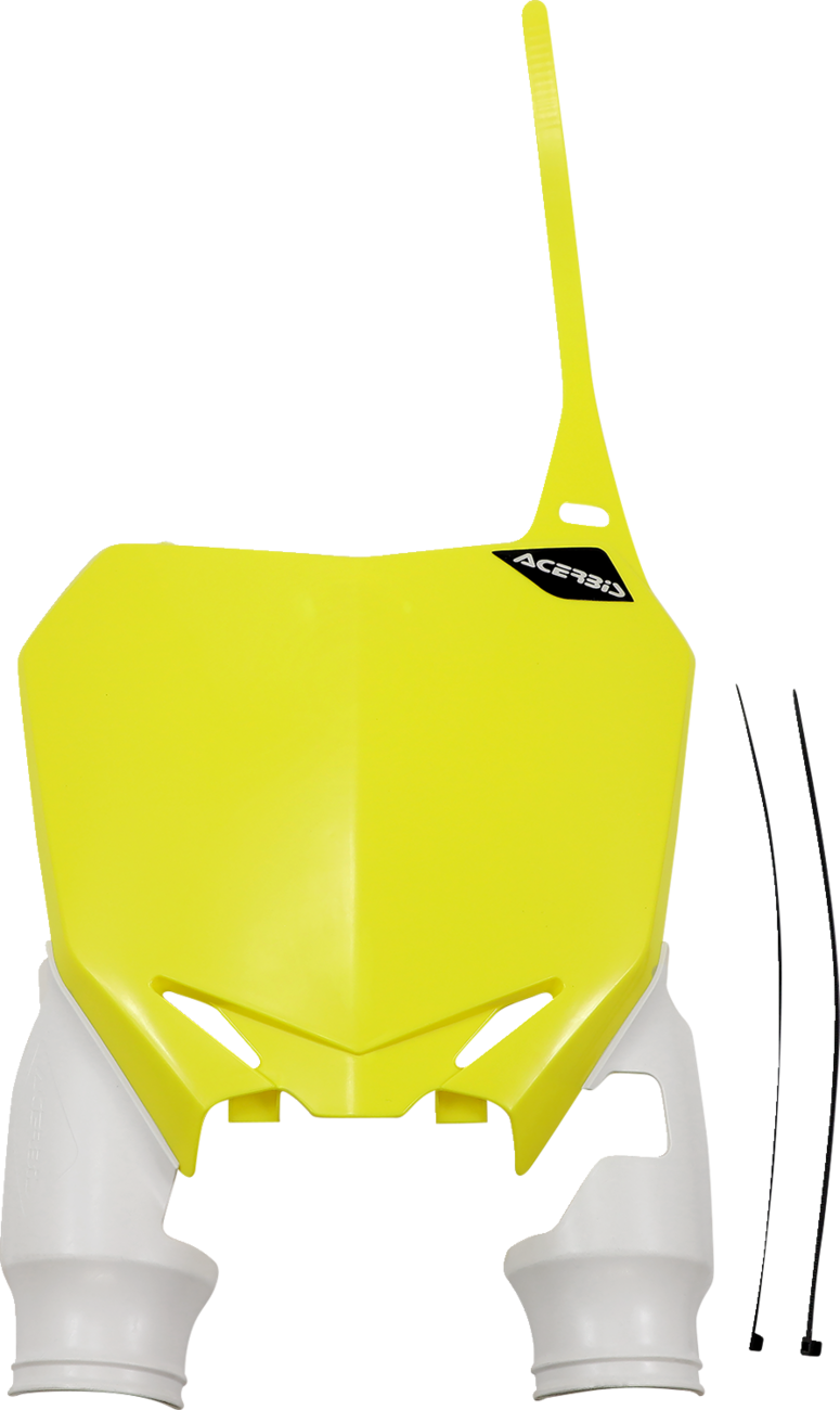 Acerbis Raptor number plate in yellow and white for motorcycle, designed for durable body replacement by Bill's Exhausts.